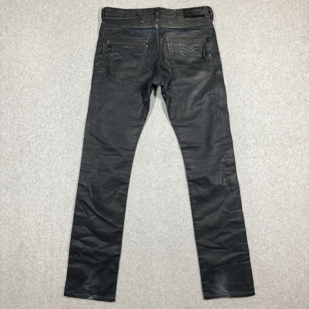 REPLAY Jeans Mens 29x34 Black WAXED Tunky Straight Leg Loose Fit Moto Biker EUC - Picture 4 of 15